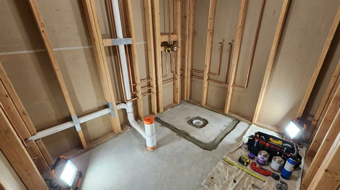 Bathroom rough-in plumbing during remodel by Johns Plumbing LLC in High Springs