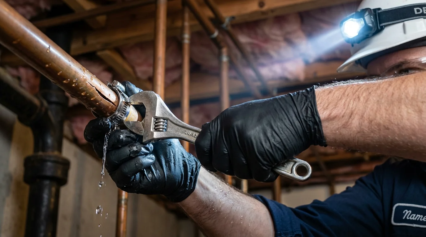 Emergency pipe clamp repair being performed by a Johns Plumbing LLC plumber in High Springs
