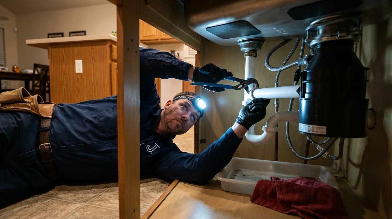 P-trap and supply line connections under a kitchen sink showing a common leak point in High Springs, FL